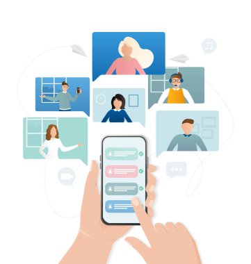 Düz stil bir arkadaşa gönderme yap. Düz iş planı. Akıllı telefonu tutan eller. Vektör illüstrasyonu.