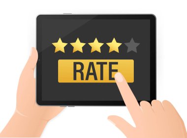 Konsept tasarım için simge. Mobil aygıt tasarımı için düz oranda tablet. Mobil cihaz konsepti. Vektör çizimi. Tabletle elleri değerlendir.