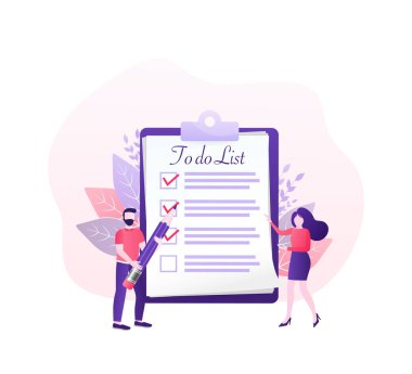 İnsanları beyaz arka planda listelemek için. Çizgi film karakteri. Araştırma vektör illüstrasyonu. Düz vektör karakter çizimi. Şirket belgesi.