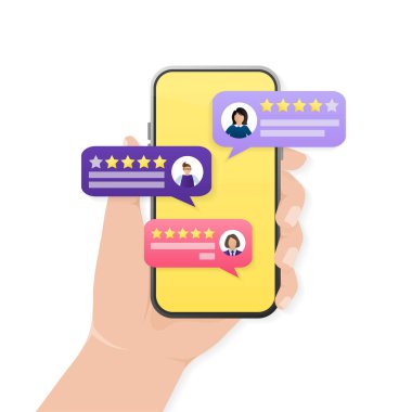 Müşteri değerlendirmesi, her amaç için harika bir tasarım. Müşteri değerlendirmesi ile düz çizim. Vektör illüstrasyonu.