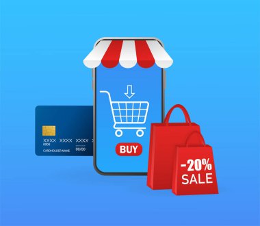 Mobil cihaz tasarımı için çevrimiçi alışveriş merkezi akıllı telefonu. Alışveriş konsepti olan akıllı telefon. İnternetten ödeme. İzometrik vektör illüstrasyonu.