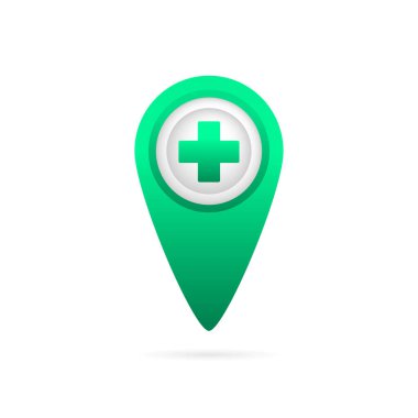 Hastane ikonu beyaz arka planda. Konum haritası simgesi, GPS işaretçisi. Sağlık hizmetleri. Arama işareti. Kızıl haç işareti. Web tasarımı.