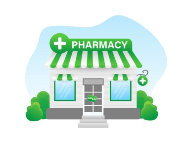 Eczane binasıyla karikatür çizimi. Çizgi film vektör insanları çizimi. Sağlık hizmetleri tasarımı için düz eczane.