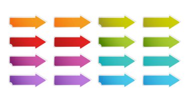 Web tasarımı için sarı arkaplan üzerine renkli ok yapışkanı ile ayarlayın. İşaret simgesi. Tasarım ögesi.