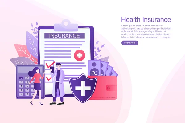 Vector illustration with health insurance concept. Big clipboard with doctor and woman. Healthcare, finance and medical service. Vector illustration in flat style. — Stock Vector