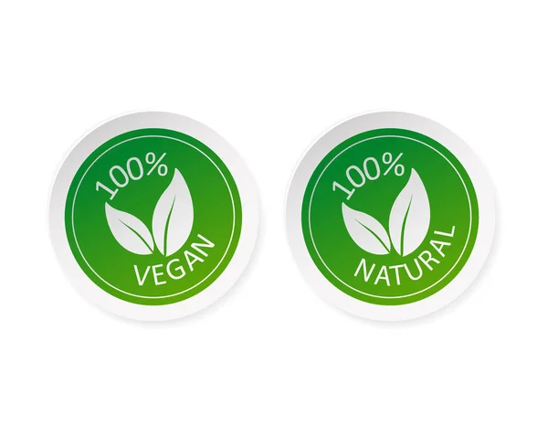 Groene natuurlijke en veganistische stickers in vlakke stijl. Vectorillustratie. — Stockvector