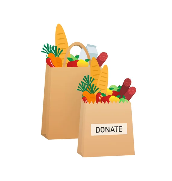 Donación de alimentos de dibujos animados para el diseño de folletos. Comida en envase de cartón. Cartel de dibujos animados con donación de alimentos para el diseño de pancartas. Ilustración vectorial. — Vector de stock