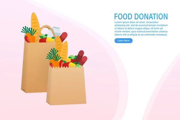 Doação de alimentos para desenhos animados para design de panfleto. Comida em caixa de cartão. Cartaz de desenho animado com doação de alimentos para design de banner. Ilustração vetorial. — Vetor de Stock