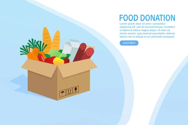 Donación de alimentos de dibujos animados para el diseño de folletos. Comida en caja de cartón. Cartel de dibujos animados con donación de alimentos para el diseño de pancartas. Ilustración vectorial. — Vector de stock