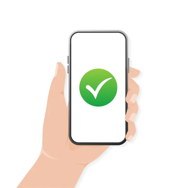 Modern plat pictogram met groene smartphone gedaan mark. Moderne cartoon groen pictogram. Webdesign. Vectorillustratie. — Stockvector