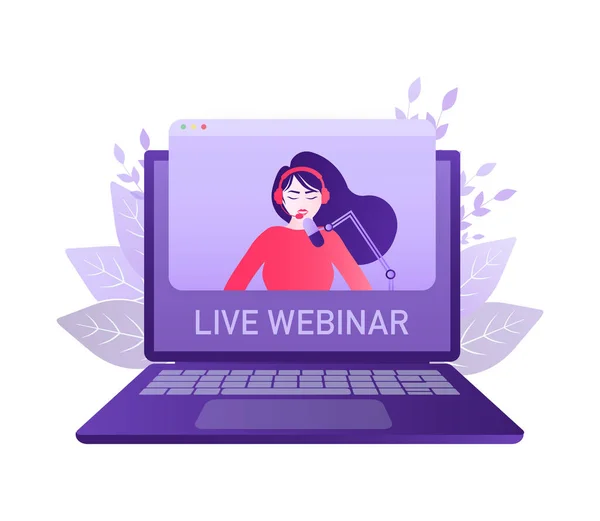 Élő webinar laptopos emberek. Laptop, videó bemutató. Számítógép. Online iskola. Videokonferencia illusztráció. Internetes technológia. Online oktatási ikon. — Stock Vector