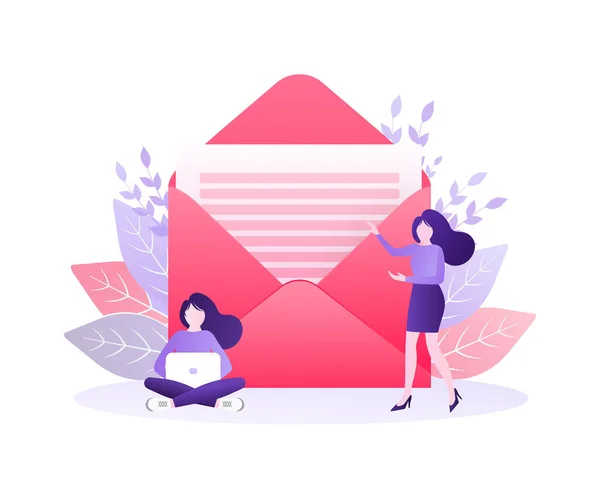 Contacte-nos envelope pessoas. Página de aterragem. Publicidade moderna para design de conceito. Comunicação online. Ilustração de marketing digital. Atendimento ao cliente. — Vetor de Stock