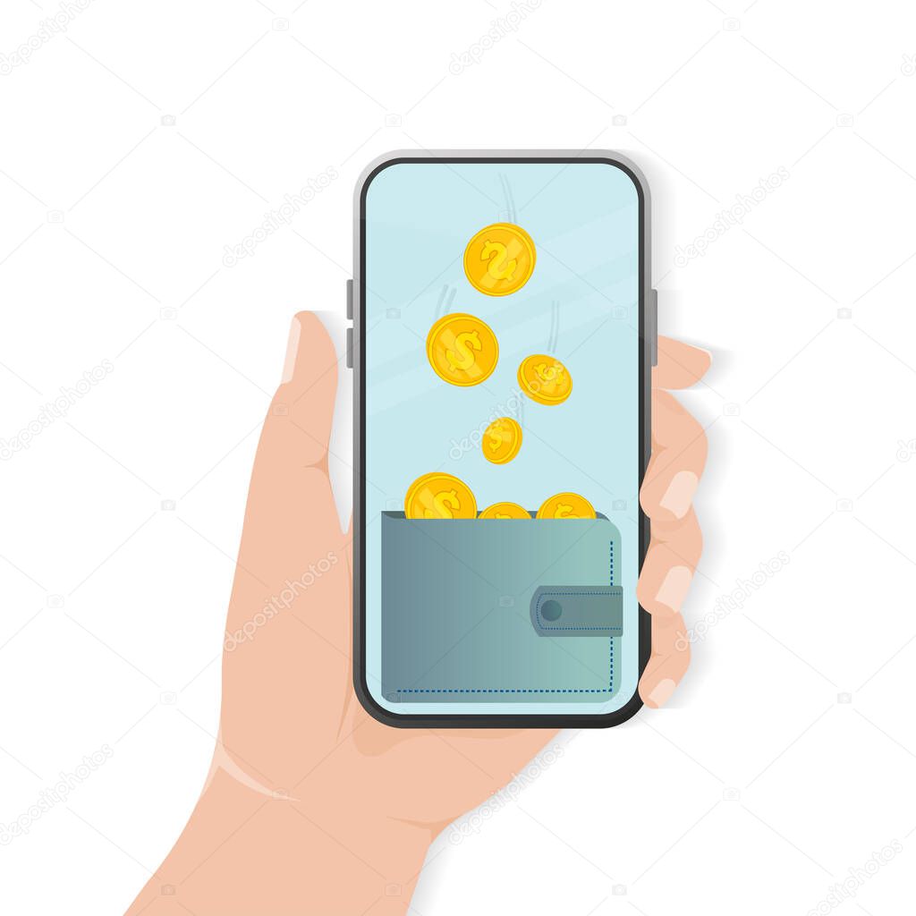 Flat cash back with smartphone for mobile app design. Payment online concept. Vector illustration.