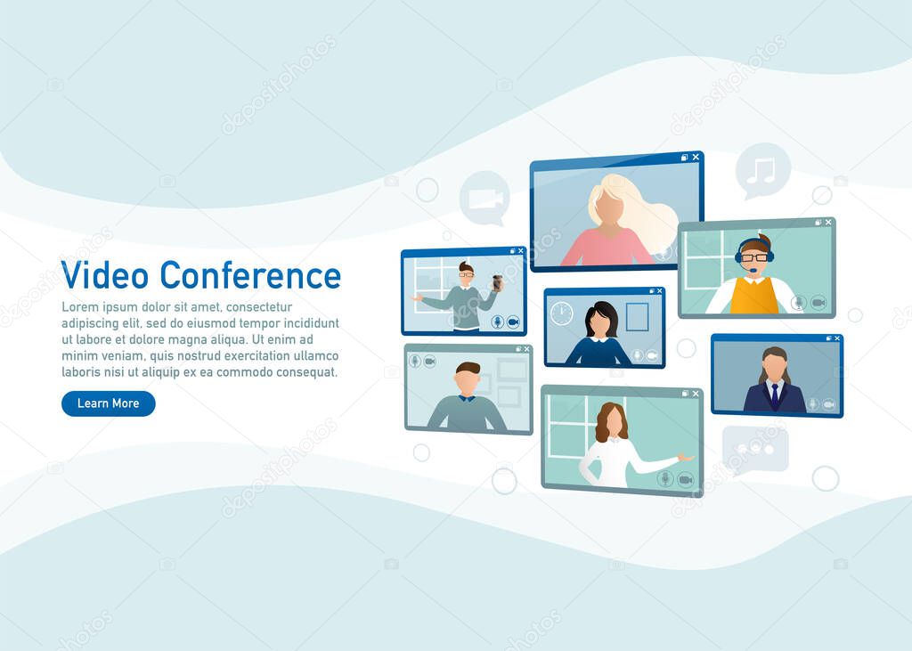 Flat illustration. Video conference. Video call between friends, chatting online by mobile app. Stay at home, work, communication remotely. Vector illustration.