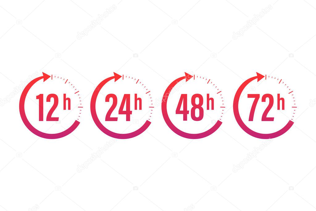 12, 24, 48, 72 hours clock arrow. Work time effect or delivery service time. Vector stock illustration.