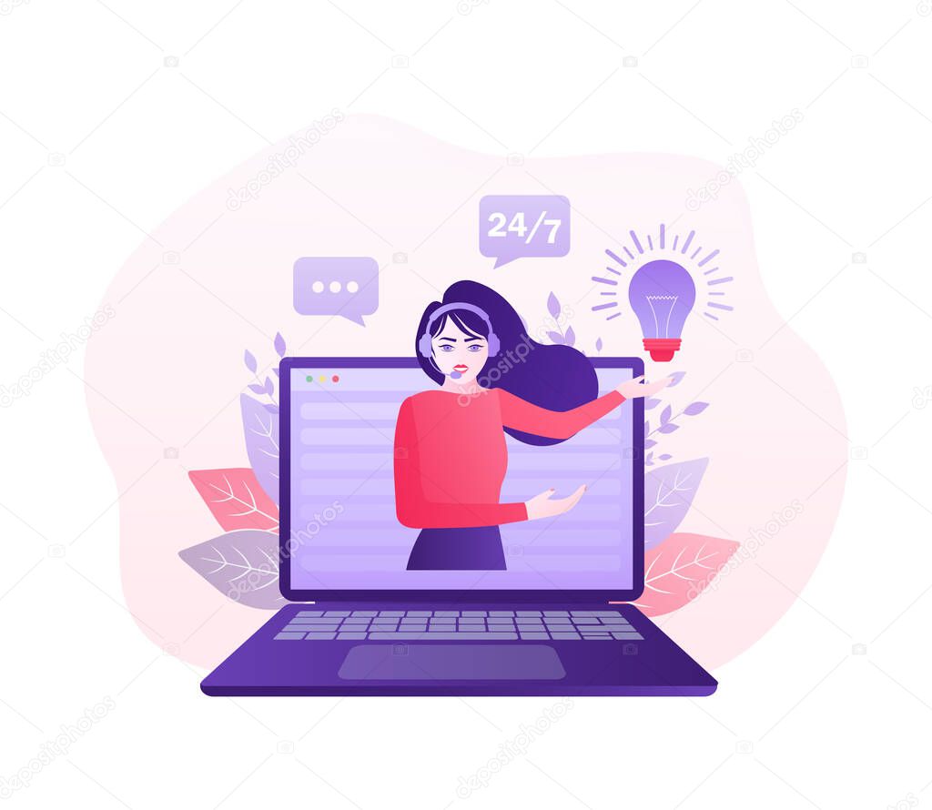 Telephone operator. Cartoon character. Support service icon. Online support call center. Customer service. Vector illustration, virtual business assistant.