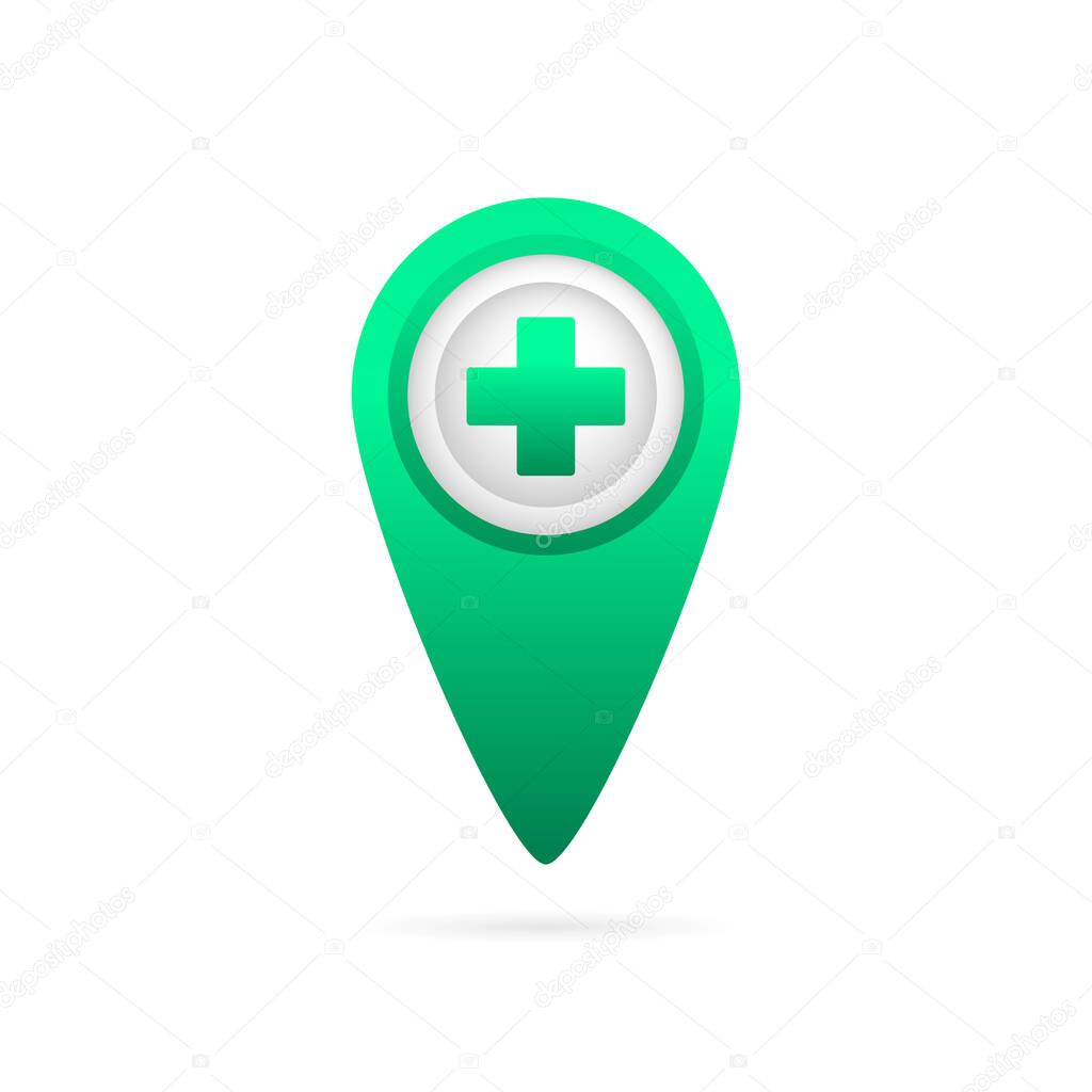 Hospital icon on white backdrop. Location map icon, gps pointer mark. Health care. Search sign. Red cross sign. Web design.