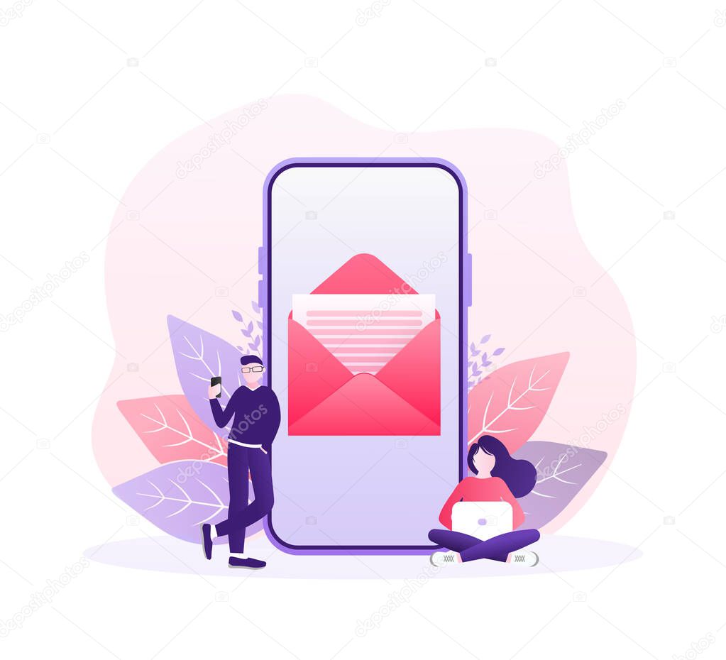 Flat illustration with letter smartphone people for concept design. Flat vector character. Business illustration. Smartphone screen.