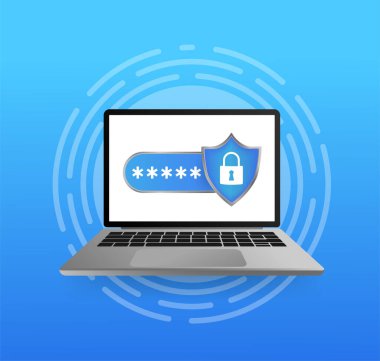 Şifre güvende. Vektör çizimi, düz. İzometrik vektör çizimi. Veri güvende. Mobil uygulama tasarımı için simge.