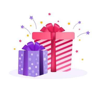 Siyah arkaplanda düz stil hediyeler. Düz izometrik vektör çizimi. Xmas hediyesi. İzole vektör simgesi. Mutlu yıllar hediye kutusunu aç..