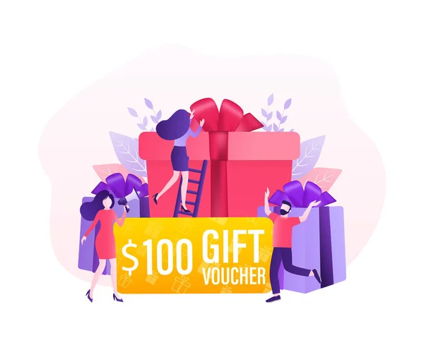 3d publicidad con voucher regalo presenta a las personas para el diseño de concepto. Venta, descuento, concepto de oferta especial. Bono de regalo moderno presenta personas, gran diseño para cualquier propósito. Ilustración vectorial. — Vector de stock