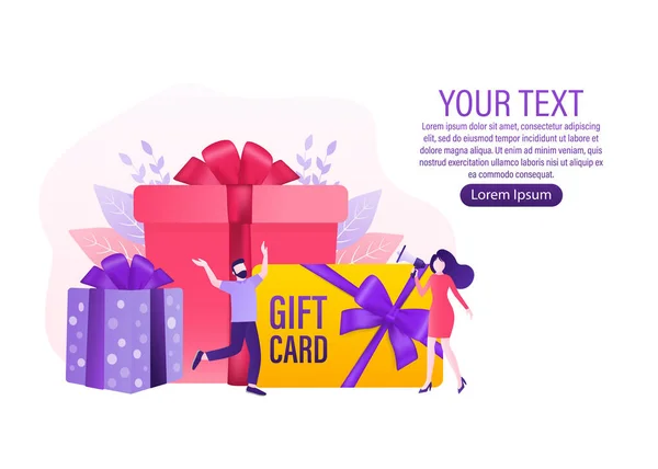 3d publicidad con voucher regalo presenta a las personas para el diseño de concepto. Venta, descuento, concepto de oferta especial. Bono de regalo moderno presenta personas, gran diseño para cualquier propósito. Ilustración vectorial. — Vector de stock