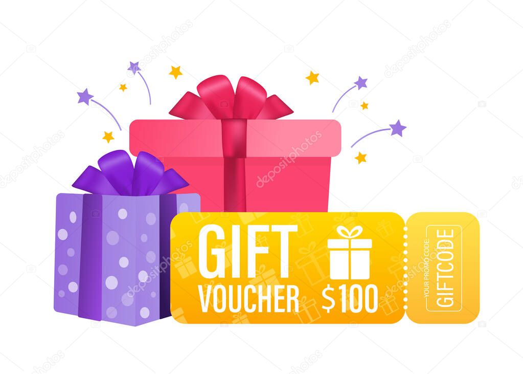 3d advertising with gift voucher presents people for concept design. Sale, discount, special offer concept. Modern gift voucher presents people, great design for any purposes. Vector illustration.