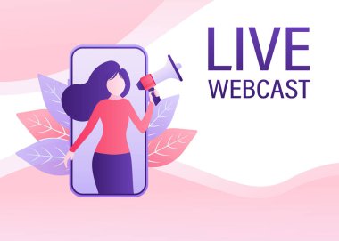 Düz bir şekilde insanlarla canlı yayın. Podcast 'i dinle. Düz çizim. Vektör illüstrasyonu.