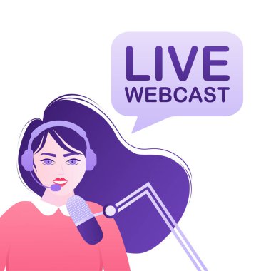 Düz bir şekilde insanlarla canlı yayın. Podcast 'i dinle. Düz çizim. Vektör illüstrasyonu.