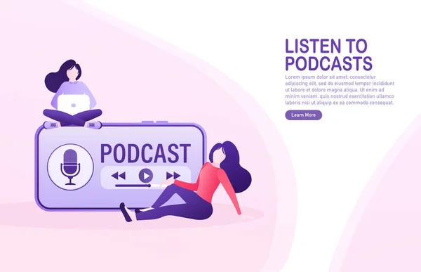 Reste fille écoutant podcast en ligne. Baladodiffusion de smartphone de bande dessinée pour la conception de marketing. Affiche sur les médias sociaux. Modèle d'appareil numérique moderne. Internet mobile, médias sociaux. — Image vectorielle