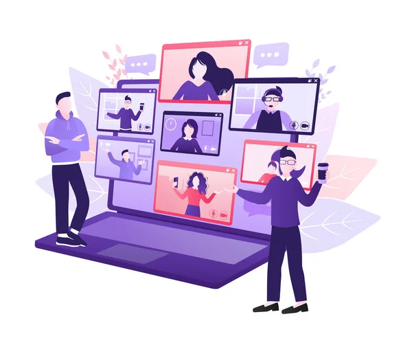 Ilustração plana. Videoconferência. Chamada de vídeo entre amigos, conversando on-line pelo aplicativo móvel. Fica em casa, trabalha, comunica-te remotamente. Ilustração vetorial. —  Vetores de Stock