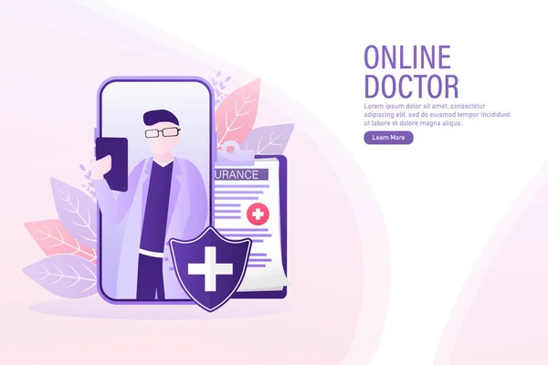 Ilustrasi yang datar dengan dokter online. Konsultasi dokter. Vektor ilustrasi desain datar. Obrolan video. - Stok Vektor