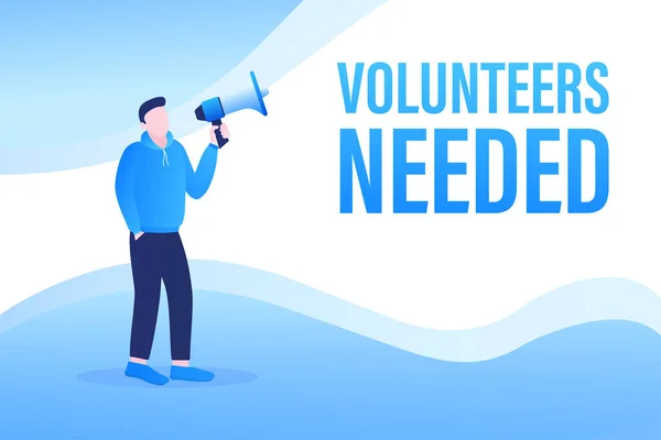 Sablon kék önkéntesekkel szükség van egy férfira, aki megafont tart a fehér háttérben a szórólap tervezéséhez. Vektor illusztráció lapos stílusban. — Stock Vector