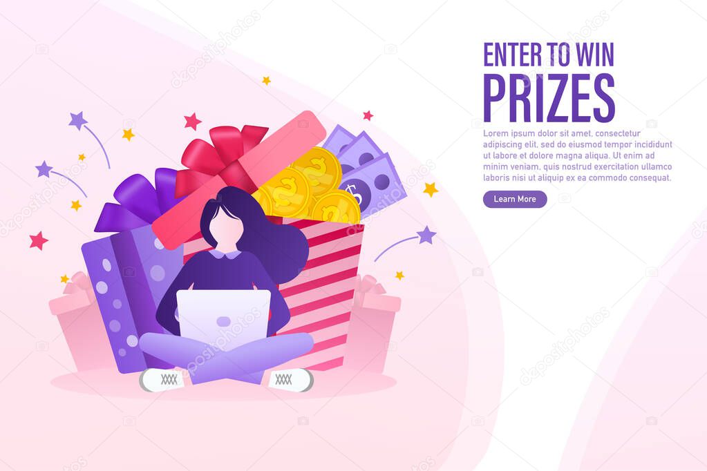 Cartoon character enter to win prizes. Holiday banner. Vector design banner. Win prize. Vector illustration.