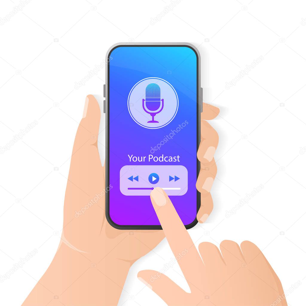 Smartphone podcast in 3d style. Creative cover design. Modern mobile app user interface concept. Media technology. Online technology concept vector illustration.