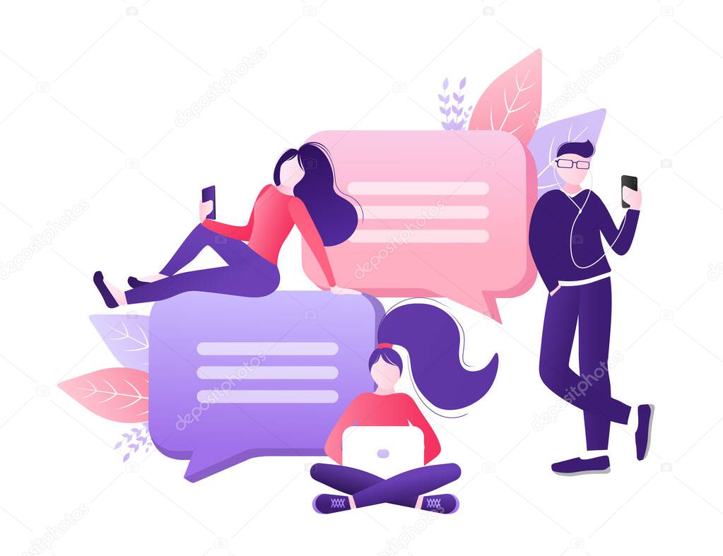 Chat people for concept design. Vector text. Business people teamwork. Social media concept. Flat vector character illustration. Characters talking.