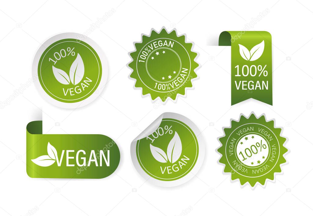 Green natural and vegan stickers and ribbons set in flat style. Vector illustration.