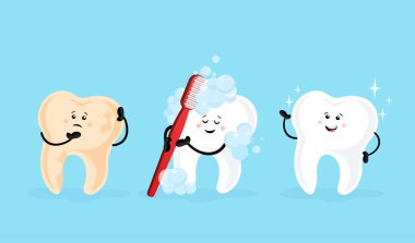 Diş karikatürü, her amaç için harika bir tasarım. Düz çizgi film diş temizleme vektör çizimi. Komik karakter..