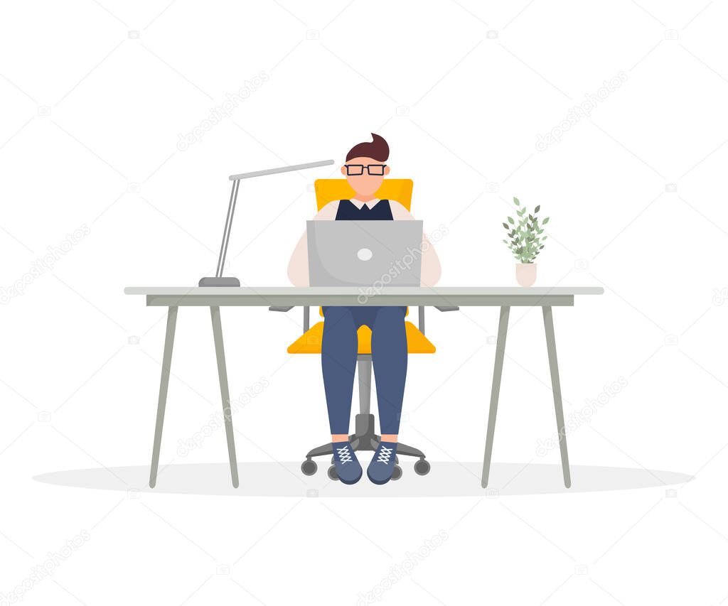 Remote work. Business people office work. Vector illustration, flat design. Cartoon man sitting on the table with laptop isolated on white background.