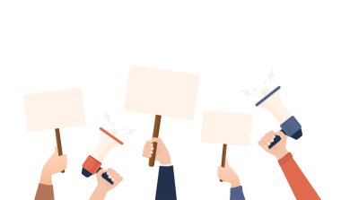 Boş levhalı eller. Düz karakter. Vektör düz tasarım. Poster pankartı tasarımı. Kadın eli işte. Oyun işareti.