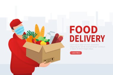 Teslimat servisi olan düz pankart. Teslimat servisi. Yemek dağıtım servisi. Vektör illüstrasyonu.