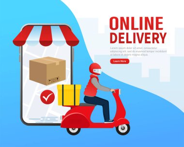 Mobil uygulama tasarımı için kırmızı çevrimiçi dağıtım ile düz bilgi. Yemek dağıtım servisi..