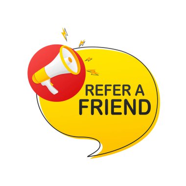 Broşür tasarımı için beyaz arkaplanda bir arkadaş megafonuna atıfta bulunun. Düz biçimli vektör illüstrasyonu.