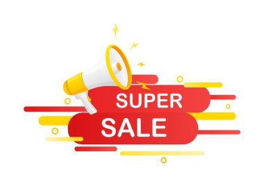 Süper satış. Rozet, megafon ikonlu pul. Beyaz arkaplanda düz vektör illüstrasyonu.