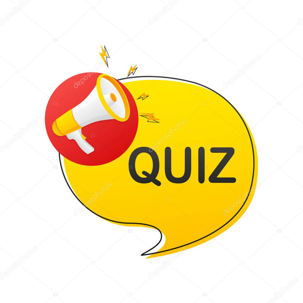 Quiz. Vector flat illustration with megaphone on white background.