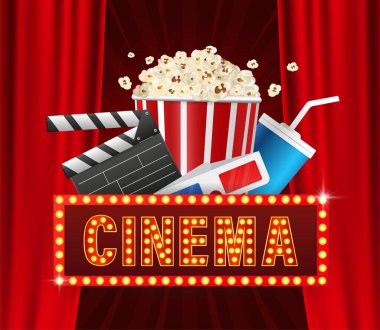 Sarı arka planda sinema ışığı olan gerici reklam pankartı. Numara yazı tipi. 3 boyutlu vektör. Gerçekçi vektör. Hafif pankart.