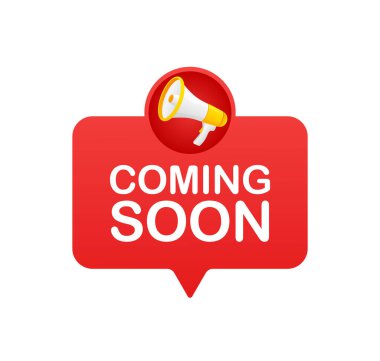 Yakında el ilanı tasarımı için beyaz arka planda megafon olacak. Düz biçimli vektör illüstrasyonu.