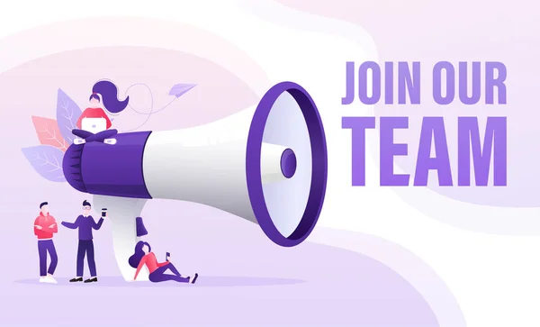 Join our team people, great design for any purposes. Flat join our team people for flyer design. Girl with megaphone. Vector illustration. — Stock Vector
