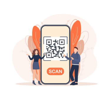 QR kodlu insanları tara, her amaçla harika bir tasarım. 3d vektör arkaplanı. Düz dizayn. Vektör karakter illüstrasyonu.
