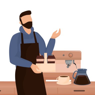 Düz karakterli kahve dükkanı barmeni. Vektör çizimi düz tasarım. Vektör bilgi gösterimi. Menü tahtasının yanında duran karikatür erkeği ya da garson..